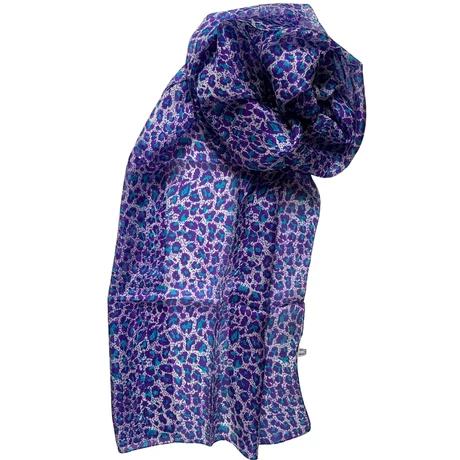 Leopárdmintás ametisztlila és türkizkék színű 100% valódi hernyóselyem sál 50x180 cm