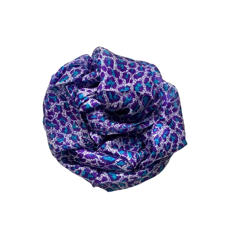 Leopárdmintás ametisztlila és türkizkék színű 100% valódi hernyóselyem sál 50x180 cm