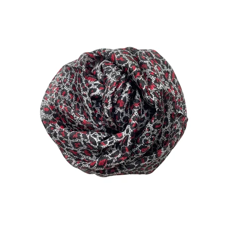 Leopárdmintás párducfekete és vadmálna színű 100% valódi hernyóselyem sál 50x180 cm