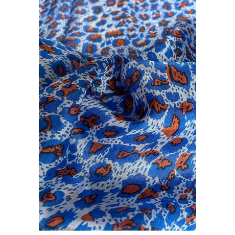 Leopárdmintás pávakék és tűzliliom színű 100% valódi hernyóselyem sál 50x180 cm