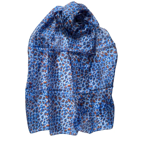 Leopárdmintás pávakék és tűzliliom színű 100% valódi hernyóselyem sál 50x180 cm