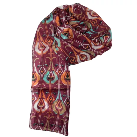 Burgundivörös alapon mintás 100% valódi hernyóselyem sál 50x180 cm