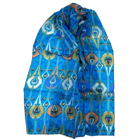 Cölinkék alapon mintás 100% valódi hernyóselyem sál 50x180 cm