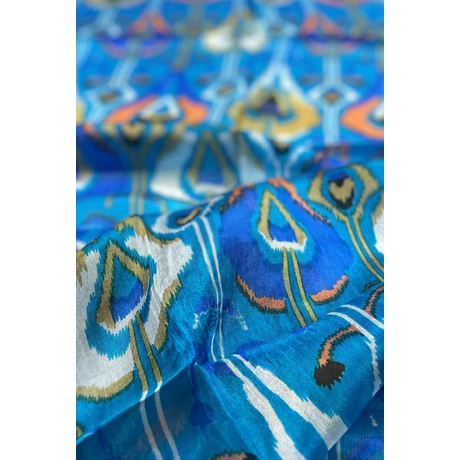 Cölinkék alapon mintás 100% valódi hernyóselyem sál 50x180 cm