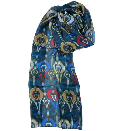 Petrolzöld alapon mintás 100% valódi hernyóselyem sál 50x180 cm