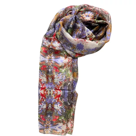 Íriszkék és pipacspiros rétet idéző 100% valódi hernyóselyem sál 100x180 cm