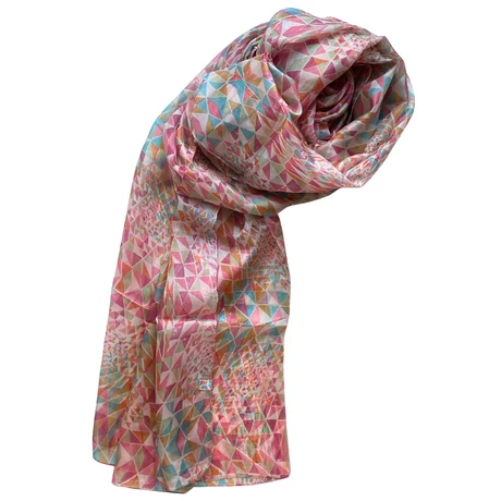 Cseresznyevirágszín, babarózsaszín, amarántbíbor türkizkék geometriai mintás 100% valódi hernyóselyem sál 50x180 cm