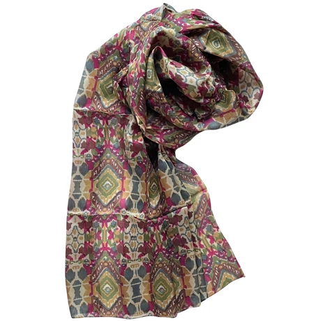 Bahama-beige alapon görögbíbor, diózöld és nugát barna mintás 100% valódi hernyóselyem sál 100x180 cm