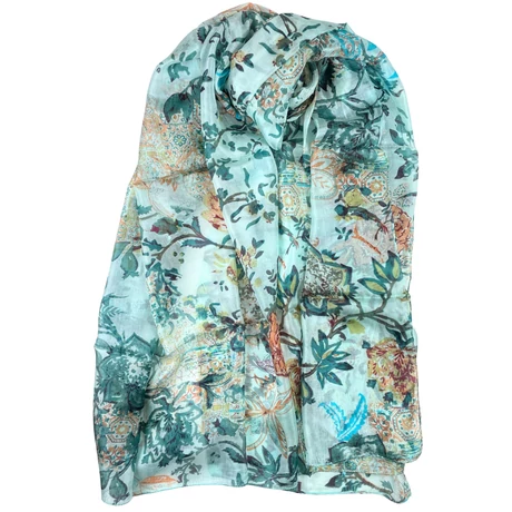 Topázzöld alapon mintás 100% valódi hernyóselyem sál 100x180 cm