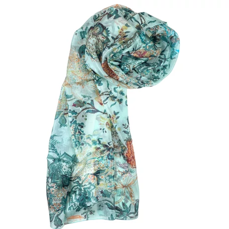 Topázzöld alapon mintás 100% valódi hernyóselyem sál 100x180 cm