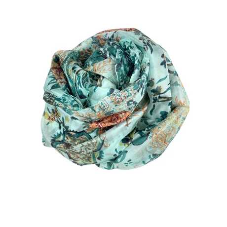 Topázzöld alapon mintás 100% valódi hernyóselyem sál 100x180 cm