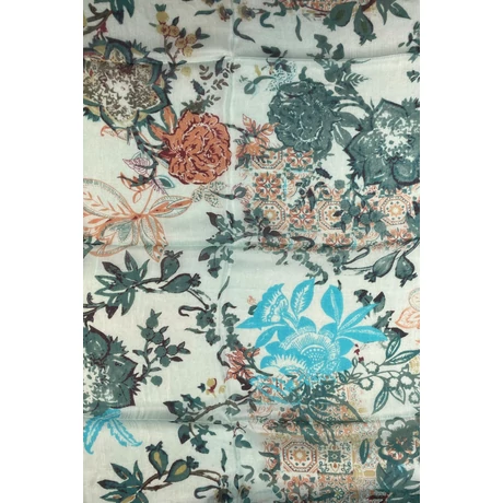 Topázzöld alapon mintás 100% valódi hernyóselyem sál 100x180 cm