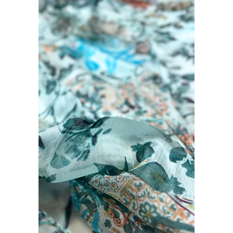 Topázzöld alapon mintás 100% valódi hernyóselyem sál 100x180 cm