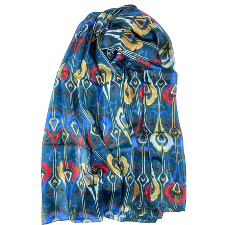 Petrolzöld alapon mintás 100% valódi hernyóselyem sál 100x180 cm