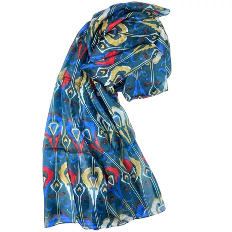 Petrolzöld alapon mintás 100% valódi hernyóselyem sál 100x180 cm