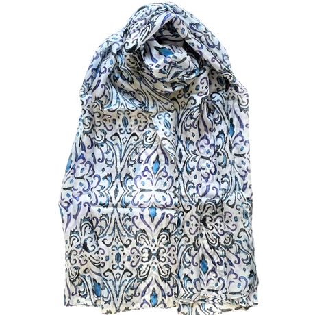 Habfehér alapon bársonyfekete, pávakék és padlizsánlila mintás 100% valódi hernyóselyem sál 100x180 cm