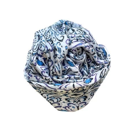 Habfehér alapon bársonyfekete, pávakék és padlizsánlila mintás 100% valódi hernyóselyem sál 100x180 cm