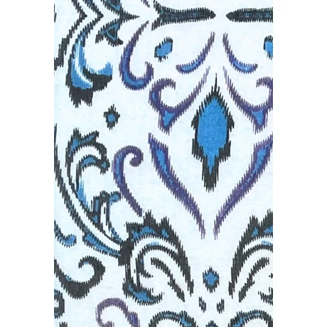 Habfehér alapon bársonyfekete, pávakék és padlizsánlila mintás 100% valódi hernyóselyem sál 100x180 cm