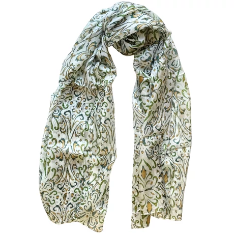 Hermelinfehér alapon szaharasárga és angolzöld mintás 100% valódi hernyóselyem sál 100x180 cm