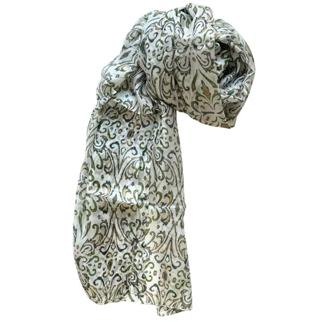 Hermelinfehér alapon szaharasárga és angolzöld mintás 100% valódi hernyóselyem sál 100x180 cm