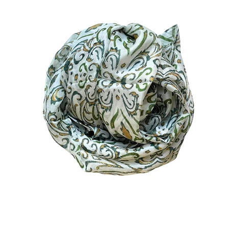 Hermelinfehér alapon szaharasárga és angolzöld mintás 100% valódi hernyóselyem sál 100x180 cm