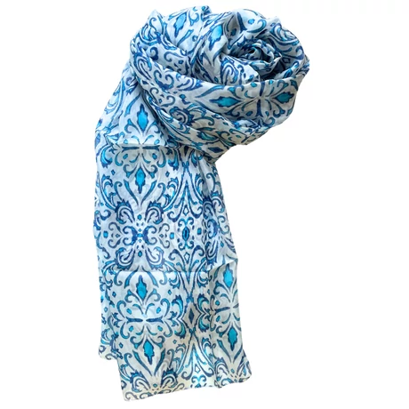 Hermelinfehér alapon türkizkék és párizsikék mintás 100% valódi hernyóselyem sál 100x180 cm