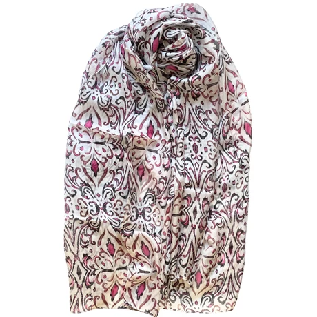 Habfehér alapon bársonyfekete és görögbíbor mintás 100% valódi hernyóselyem sál 100x180 cm