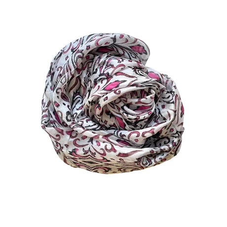 Habfehér alapon bársonyfekete és görögbíbor mintás 100% valódi hernyóselyem sál 100x180 cm