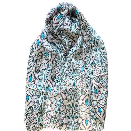 Habfehér alapon bársonyfekete, türkizkék és burgundyvörös mintás 100% valódi hernyóselyem sál 50x180 cm