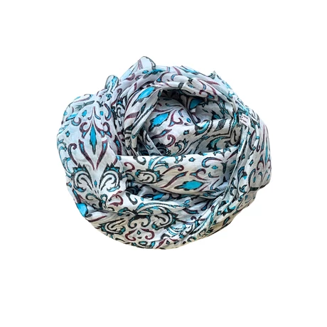 Habfehér alapon bársonyfekete, türkizkék és burgundyvörös mintás 100% valódi hernyóselyem sál 50x180 cm