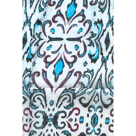 Habfehér alapon bársonyfekete, türkizkék és burgundyvörös mintás 100% valódi hernyóselyem sál 50x180 cm