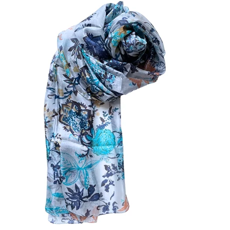 Hermelinfehér alapon mintás 100% valódi hernyóselyem sál 50x180 cm