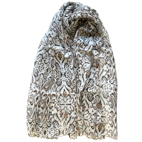 Habfehér alapon bársonyfekete és szépiabarna mintás 100% valódi hernyóselyem sál 100x180 cm