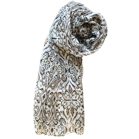 Habfehér alapon bársonyfekete és szépiabarna mintás 100% valódi hernyóselyem sál 100x180 cm