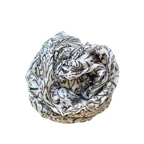 Habfehér alapon bársonyfekete és szépiabarna mintás 100% valódi hernyóselyem sál 100x180 cm