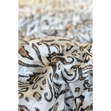 Habfehér alapon bársonyfekete és szépiabarna mintás 100% valódi hernyóselyem sál 100x180 cm