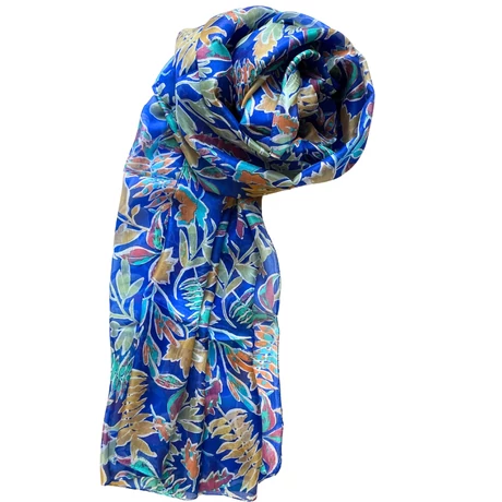 Chartresikék alapon levél mintás 100% valódi hernyóselyem sál 100x180 cm