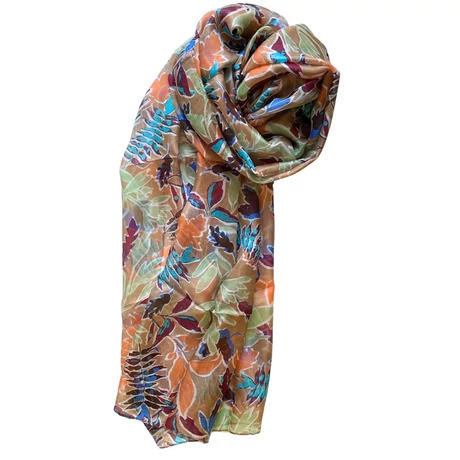 Tölgyfaszín alapon levél mintás 100% valódi hernyóselyem sál 100x180 cm