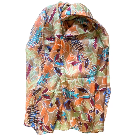 Tölgyfaszín alapon levél mintás 100% valódi hernyóselyem sál 100x180 cm