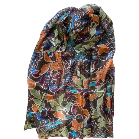 Grafitszürke alapon levél mintás 100% valódi hernyóselyem sál 100x180 cm