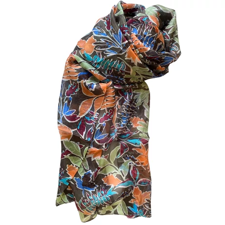 Grafitszürke alapon levél mintás 100% valódi hernyóselyem sál 100x180 cm