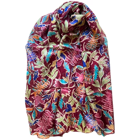 Indiai vörös alapon levél mintás 100% valódi hernyóselyem sál 100x180 cm