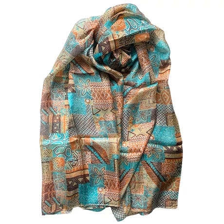 Cölinkék, perzsanarancs és spanyolbarna mintás 100% valódi hernyóselyem sál 100x180 cm