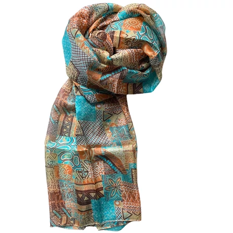 Cölinkék, perzsanarancs és spanyolbarna mintás 100% valódi hernyóselyem sál 100x180 cm