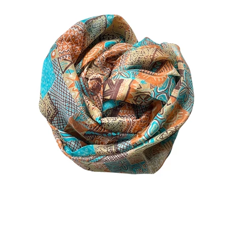 Cölinkék, perzsanarancs és spanyolbarna mintás 100% valódi hernyóselyem sál 100x180 cm