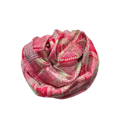 Vadmálna, pacsulirózsaszín és bambuszzöld mintás 100% valódi hernyóselyem sál 100x180 cm