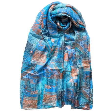 Damaszkuszikék, perzsanarancs, füstkék mintás 100% valódi hernyóselyem sál 100x180 cm