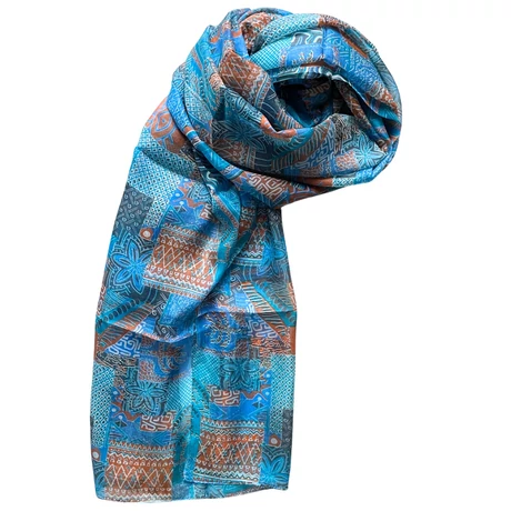 Damaszkuszikék, perzsanarancs, füstkék mintás 100% valódi hernyóselyem sál 100x180 cm