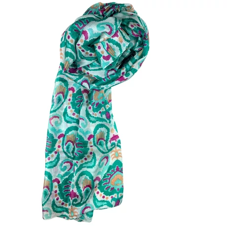 Liliomfehér alapon ásványzöld mintás 100% valódi hernyóselyem sál 100x180 cm