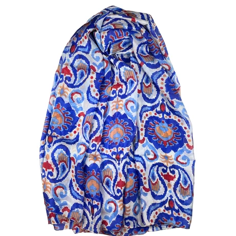 Habfehér alapon zafírkék mintás 100% valódi hernyóselyem sál 100x180 cm